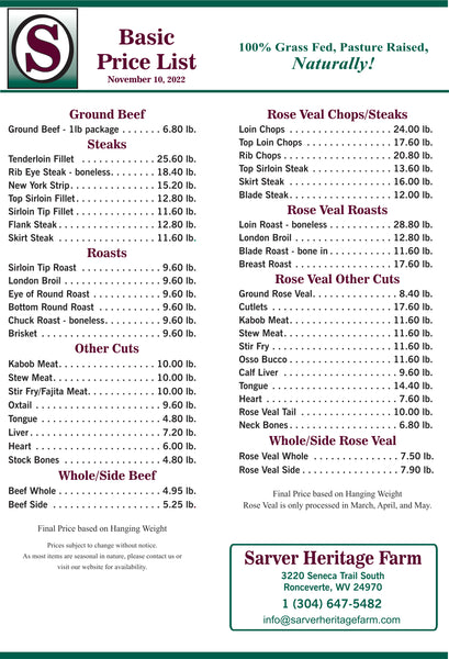 Current Beef & Rose Veal Price List 2022